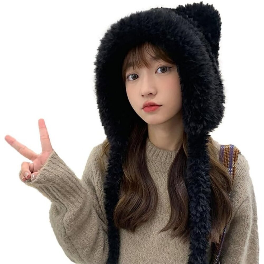 Women Black Winter Beanie Hats Knit Ear Flaps Cute Stuffed Bear Ears Fleece